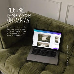 Pu&ograve; includere: Un computer portatile argentato che mostra l'interfaccia di Canva sullo schermo. Il testo sull'immagine recita: PUBLISH For Free ON CANVA. Sotto, il testo indica: Publish your website for free using a free Canva domain. A free Canva account is all that is required.