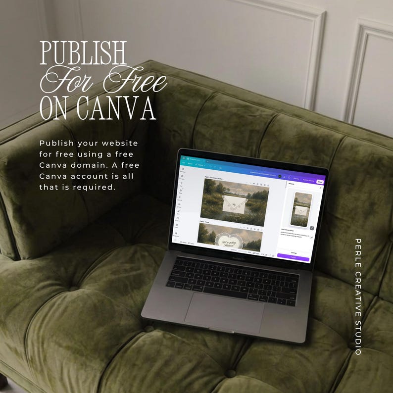 Pu&ograve; includere: Un computer portatile argentato che mostra l'interfaccia di Canva sullo schermo. Il testo sull'immagine recita: PUBLISH For Free ON CANVA. Sotto, il testo indica: Publish your website for free using a free Canva domain. A free Canva account is all that is required.