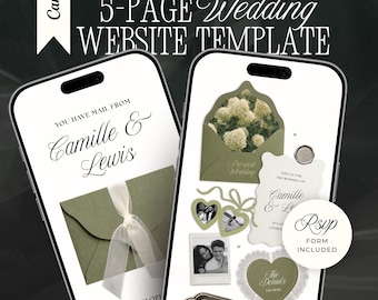 Sage Green Wedding Website Template with RSVP: Elegant Floral Hydrangea Editable Canva Envelope Invitation Site (Digital Download)