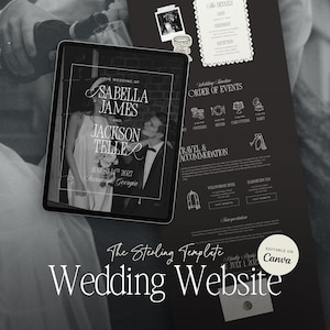 Può includere: Un modello di sito web per matrimoni digitale in bianco e nero con un tablet che mostra una coppia, includendo testo come The Wedding of Sabella James and Jackson Teller, August 14th 2027, Savannah Georgia, e un'etichetta Canva modificabile.