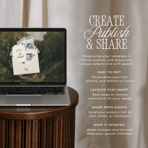 Pu&ograve; includere: Un portatile mostra un modello di invito digitale con una busta e il testo CREATE PUBLISH & SHARE. Lo schermo mostra una busta con foto e il testo CLICK HERE FOR The Details. Il portatile &egrave; posizionato su un piedistallo in legno scuro.