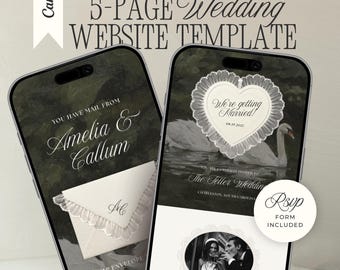 Old Money Lace Wedding Website Template with RSVP: Romantic Swan Lace Editable Canva Envelope Invitation Site (Digital Download)