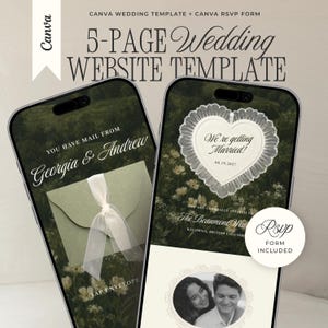 Può includere: Un modello di sito web per matrimoni di 5 pagine per Canva visualizzato su due smartphone. Gli schermi mostrano uno sfondo floreale verde, una busta digitale con un nastro bianco, una cornice a forma di cuore con il testo We're getting Married! e una foto.