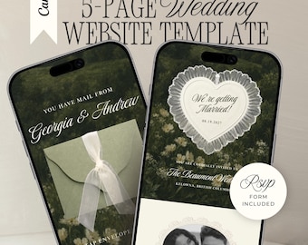 Old Money Wedding Website Template with RSVP: Classic Romantic Green & Ivory Editable Canva Envelope Invitation Site (Digital Download)