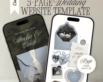 Old Money Wedding Website Template with RSVP: Romantic Pale Blue Vintage Swan Editable Canva Envelope Invitation Site (Digital Download)
