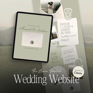 Puede incluir: Plantilla de sitio web de boda digital en una tableta, con los nombres "Hannah & Andrew" y un gráfico de sobre. Incluye detalles de la boda, fotos y el texto "Wedding Website". Editable en Canva.