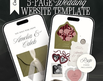 Old Money Wedding Website with RSVP: Romantic Green, Burgundy & Blush Pink Editable Canva Envelope Invitation Site (Digital Download)