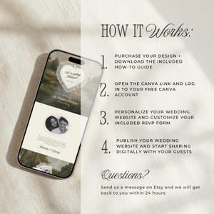 Pu&ograve; includere: Uno smartphone mostra un modello di sito web per matrimoni con una grafica in pizzo a forma di cuore, una foto di coppia e del testo. Accanto, il testo HOW IT WORKS elenca quattro passaggi per acquistare, aprire un link Canva, personalizzare e pubblicare.
