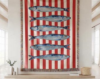 100% Cotton Sardines Woven Blanket: Coastal Decor Beach House Picnic Blanket, Fish Tapestry, Mid Century Maximalist Throw | Valentines Gift