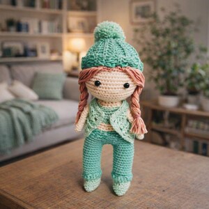 May include: A handmade crochet doll with red hair in braids, wearing a green hat with a pom-pom, a green vest, and green pants. The doll has black eyes and is standing on a wooden surface. The doll is a unique, handcrafted item.
