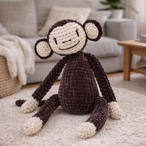 May include: A handmade crochet monkey doll in shades of brown and cream. The plush toy has a smiling face, long arms and legs, and is sitting on a cream-colored rug. The monkey's body is dark brown, with cream-colored accents on the face, ears, hands, and feet.