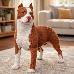 Puede incluir: Escultura de perro de ganchillo en posición de pie. El perro presenta una combinación de colores marrón y blanco, con marrón en la espalda y la cabeza, y blanco en el pecho, las patas y la cara. El perro está sobre una alfombra de color neutro.