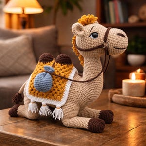 Puede incluir: Un juguete de camello tejido a mano en beige, marrón y amarillo, con una alforja azul y borlas blancas. El camello tiene una brida marrón y está sentado sobre una superficie de madera. Es un artículo decorativo.