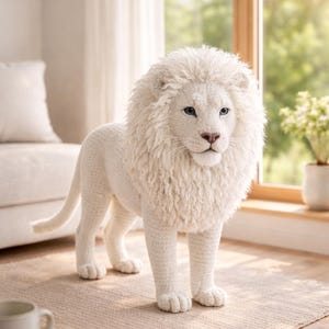 Puede incluir: Escultura de león blanco hecha a mano, con melena texturizada y detalles faciales. El león está sobre una alfombra beige en una habitación luminosa, mostrando su diseño de ganchillo. Un elemento decorativo para el hogar.
