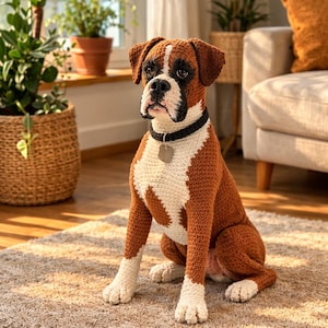 Peut inclure: Un chien Boxer crocheté avec des marques marron et blanches, portant un collier noir avec une étiquette. Le chien fait main est assis sur un tapis beige dans une pièce bien éclairée avec des plantes et une fenêtre.