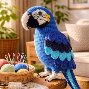 May include: A large, handmade blue crochet parrot with white, black, and yellow accents. The bird has a detailed beak, eye, and feather design. It stands on a wooden surface, with a basket of yarn and craft supplies nearby.