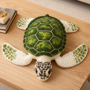 Puede incluir: Un cojín de tortuga tejido a ganchillo, verde y blanco. El caparazón presenta un patrón geométrico en tonos verdes, mientras que las aletas y la cabeza son de color blanco roto con detalles verdes. Se muestra sobre una superficie de madera.