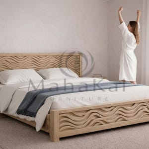 Handgesneden gegolfd bedframe, massief houten platformbed, queensize bed