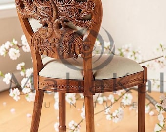 Hand Carved Black Wooden Accent Chair with Tree Bird Design | Luxury Dining Chair | Solid Wood Vintage Chair | Artistic Statement Furniture