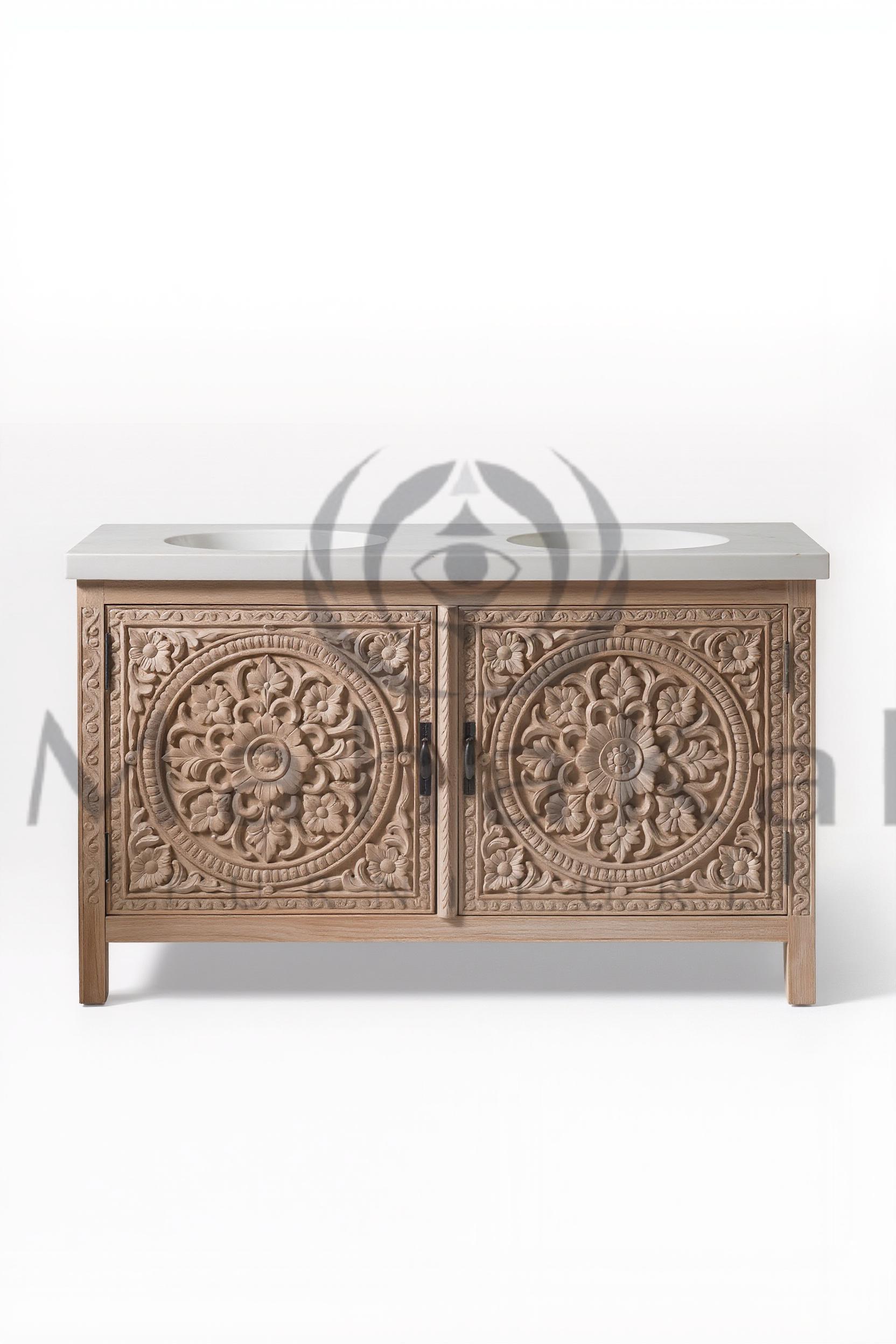 Meuble double en bois sculpté à la main | Meuble sous lavabo floral médaillon