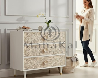 Hand Carved Wooden Dresser with Floral & Bird Design | White Chest of Drawers | Solid Wood Storage Cabinet | Luxury Bedroom Furniture