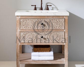 Mueble de baño de madera tallada a mano / Mueble de lavabo rústico con diseño floral tallado / Mueble de lavabo de madera maciza