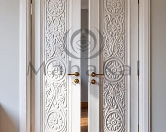 Hand Carved Solid Wood Interior Doors, Traditional Floral Scroll French Doors