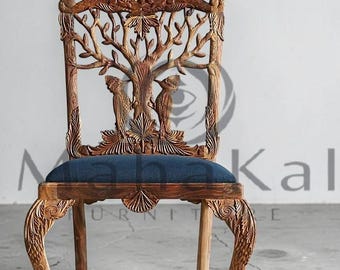 Ręcznie rzeźbiony, naturalny, drewniany fotel akcentowy z motywem ptaków i drzew | Luksusowe krzesło do jadalni | Krzesło w stylu vintage | Meble z litego drewna