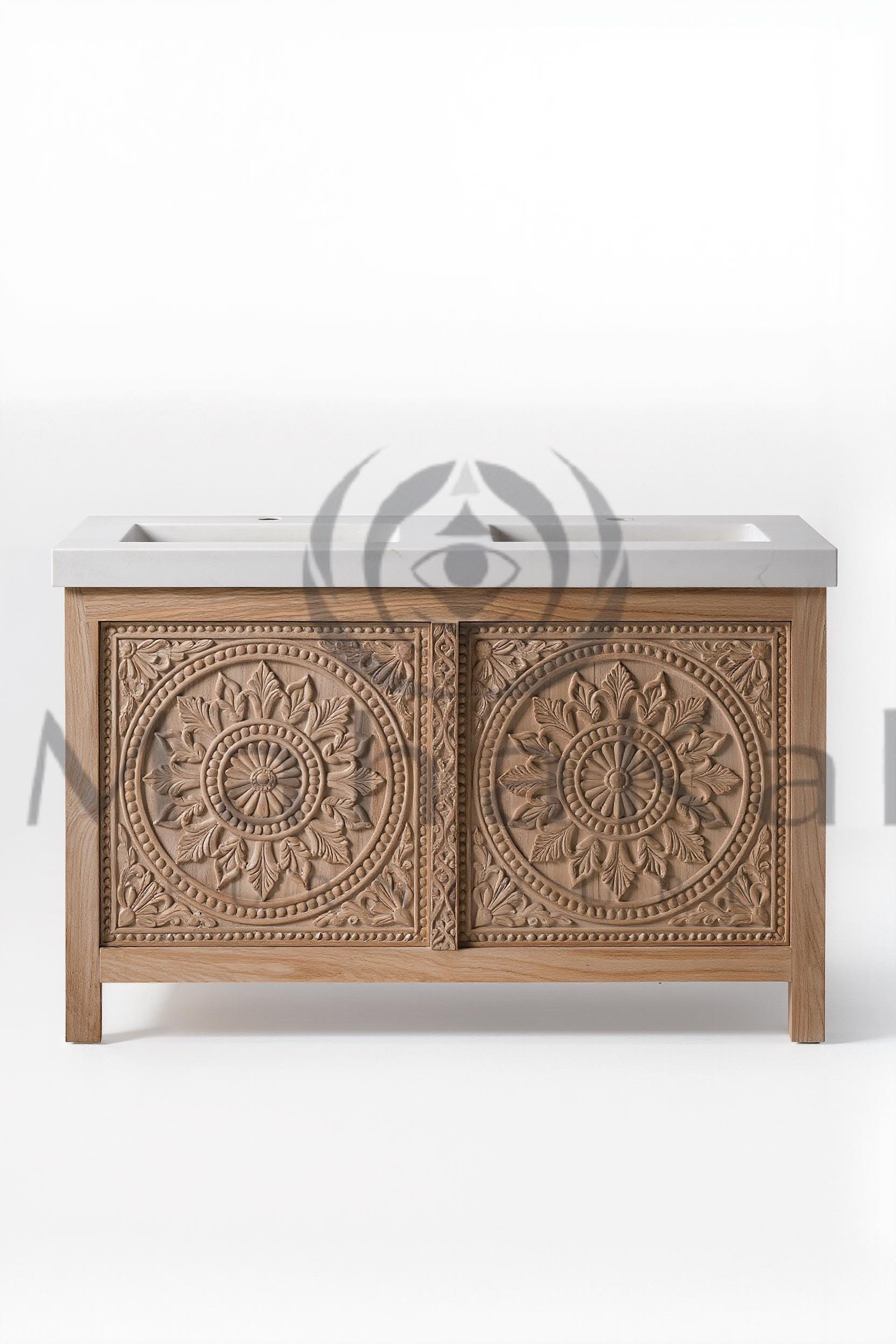 Meuble double en bois sculpté à la main | Meuble sous lavabo floral médaillon