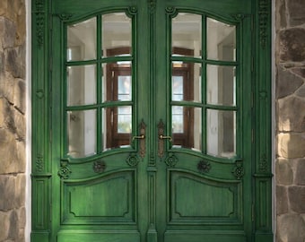 Puertas dobles francesas verdes de 76 x 208 cm / Marco de 7,6 cm / Puertas de entrada de madera maciza con cristal / Puerta exterior tallada a mano / Puerta de entrada de madera a medida