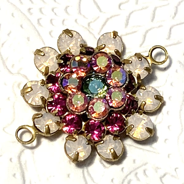 2 White opal, fuchsia, and Rose Titania Swarovski Crystals cluster connector charm 1 or 2 rings supplies Crystal jewelry earring component