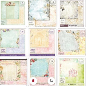 May include: Nine sheets of patterned scrapbook paper with floral and vintage designs. Each sheet features a different color palette, including pastel greens, blues, pinks, and yellows, with decorative borders and accents.