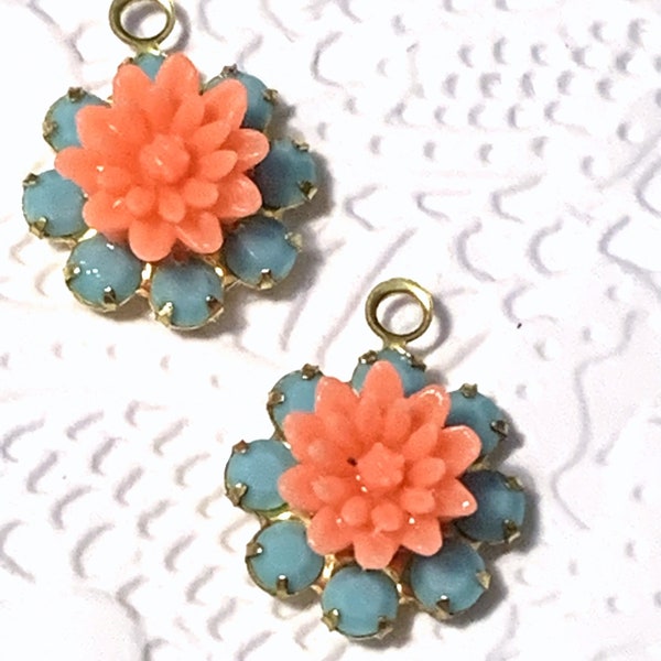 2 Turquoise and vintage coral flower Swarovski Crystals cluster charm 1 ring supplies Crystal jewelry earring component