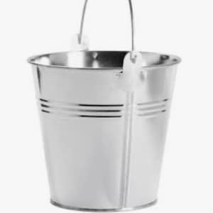 May include: A shiny, silver metal bucket with a handle. The bucket has a cylindrical shape with three horizontal bands around the body. The handle is attached to the bucket with white plastic clips. The bucket is empty.