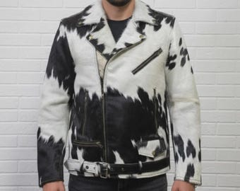 Herren Rindsleder Bikerjacke, schwarz weißer Kuh Print Motorradfahrer Mantel