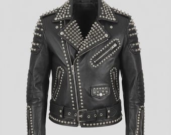 Bikerjacke aus Leder mit Nieten - Punk Rock Spiked Moto Streetwear