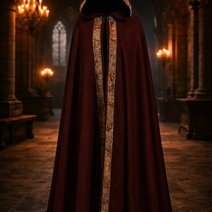 Medieval Hooded Cloak Unisex, Gold Trim Fantasy Wizard Cape, Renaissance Faire Costume Robe, Halloween LARP Outfit