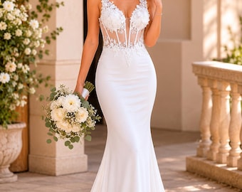 Lace Corset Mermaid Wedding Dress | Sheer Bodice Bridal Gown | V Neck Backless Elopement Dress with Train