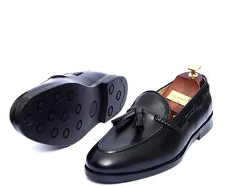 Handmade Black Leather Tassel Loafers – Men's Dress Shoes