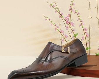 Men’s Brown Single Monk Strap Formal Dress Handmade Shoes , Leather Shoes