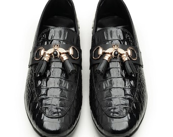 Men's Black Crocodile-Embossed Leather Tassel Loafers with Gold Horsebit Hardware, Wedding Style