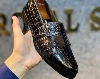 Handmade men black dress shoes, men fringes moccasin loafer shoe, office footwear