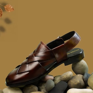 Handgjorda Peshawari Chappal för män Pakistanska sandaler i äkta läder Traditionella pashtunska skor bild 1