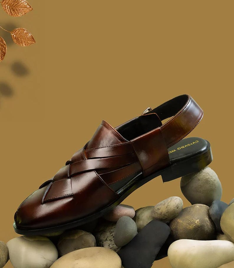 Handgjorda Peshawari Chappal för män Pakistanska sandaler i äkta läder Traditionella pashtunska skor bild 1