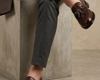 Handmade Brown Crocodile-Textured Leather Loafers | Men's Tassel Moccasins