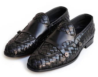 Handmade Woven Leather Monk Strap Shoes – BLACK Formal Dress Shoes