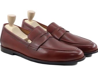 Handmade Mens Oxblood Leather Penny Loafers | Burgundy Slip-On Shoes