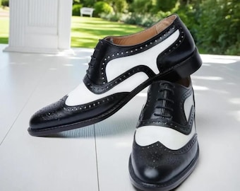 Handmade Men’s Oxford Wingtip Shoes – White & Black Leather