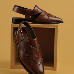 Handgjorda Peshawari Chappal för män Pakistanska sandaler i äkta läder Traditionella pashtunska skor bild 2