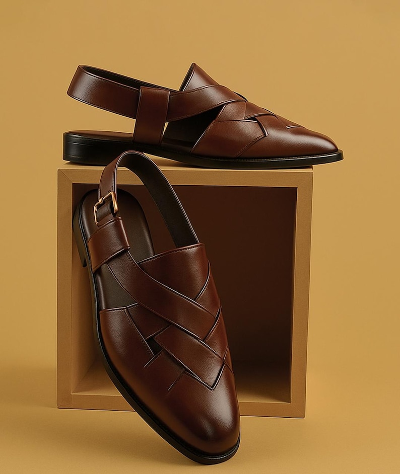 Handgjorda Peshawari Chappal för män Pakistanska sandaler i äkta läder Traditionella pashtunska skor bild 2